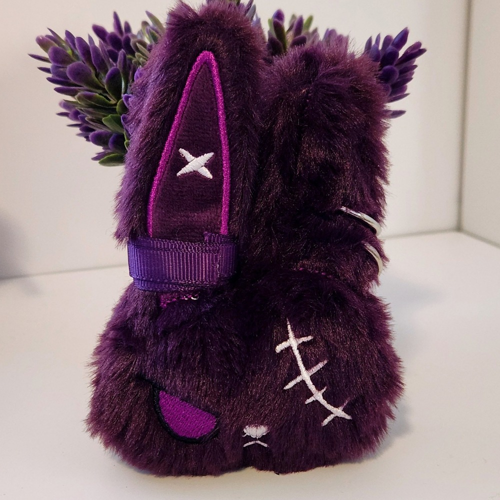 Purple Gothic Plush Bunny Keychain Faux Fur Stitched Rabbit Bag Charm 4.75"